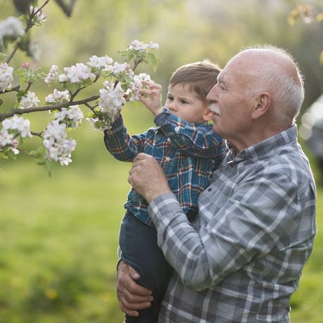 Ein Opa bestaunt mit seinem Enkelkind die zauberhafte Flora des Botanischen Gartens Zürich. 